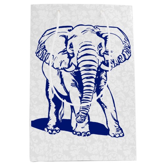 キュートネイビーブルーエレファントラインスケッチ ミディアムペーパーバッグ (正面)