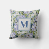 キュートネイビーブルーダスティーブルーブルフローラホワイトモノグラム クッション (裏面)