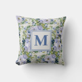 キュートネイビーブルーダスティーブルーブルフローラホワイトモノグラム クッション (正面)