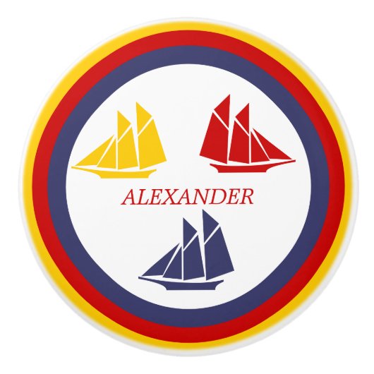 キュートネイビーブルーレッドイエローセーリングボートストライプ航海の セラミックノブ (正面)