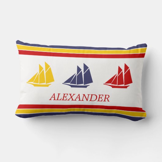 キュートネイビーブルーレッドイエローセーリングボートストライプ航海の ランバークッション (裏面)