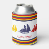 キュートネイビーブルーレッドイエローセーリングボートストライプ航海の 缶クーラー (缶正面)