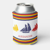 キュートネイビーブルーレッドイエローセーリングボートストライプ航海の 缶クーラー (缶裏面)