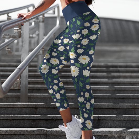 キュートネイビーブルー&ホワイトフローラデイジー カプリレギンス