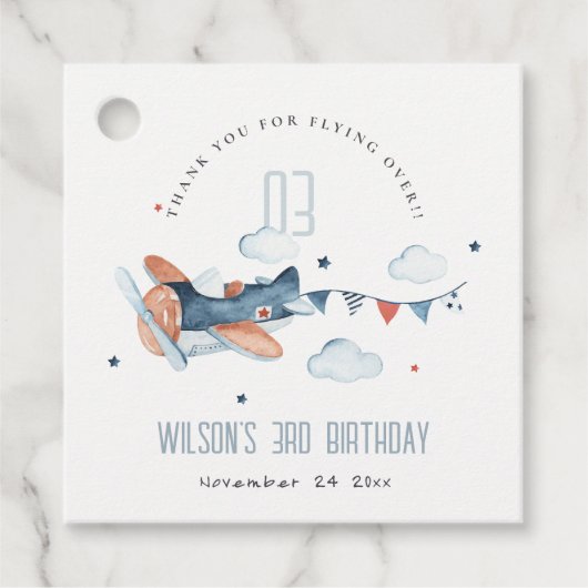 キュートネイビーラストキッズ飛行機スターズスカイクラウド誕生日 フェイバータグ (正面)