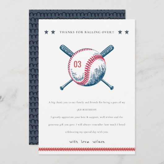 キュートネイビーレッドベースボールこうもりスター子供の誕生日 サンキューカード (正面/裏面)
