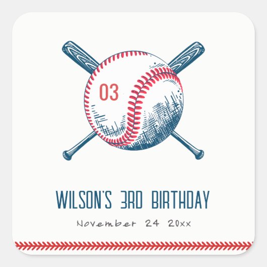 キュートネイビーレッドベースボールこうもりスター子供の誕生日 スクエアシール (正面)