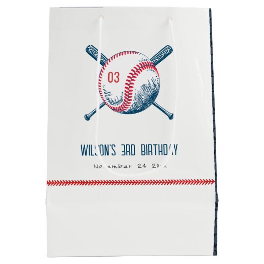 キュートネイビーレッドベースボールこうもりスター子供の誕生日 ミディアムペーパーバッグ (裏面)