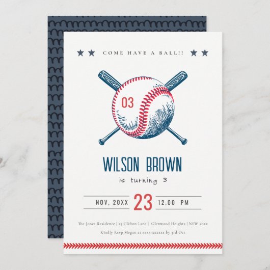 キュートネイビーレッドベースボールこうもりスター子供の誕生日 招待状 (正面/裏面)