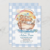 キュートノアズアークブルーギンガムファースト誕生日 招待状 (正面/裏面)