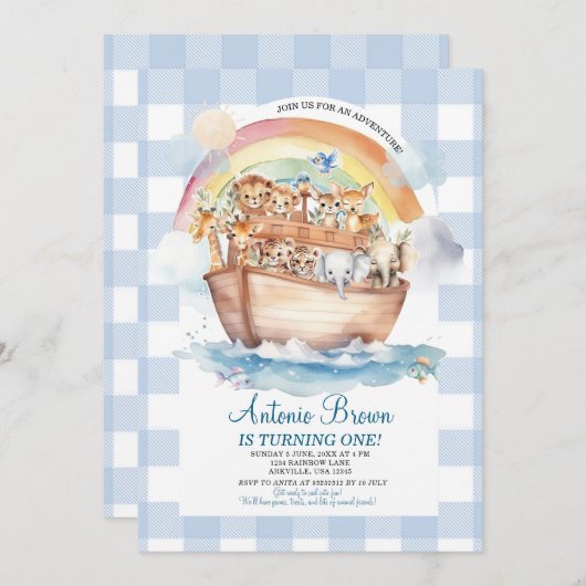 キュートノアズアークブルーギンガムファースト誕生日 招待状 (正面/裏面)