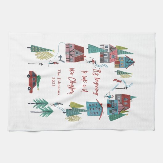 キュートノルディックスケートで滑るヴィレッジ キッチンタオル (横)