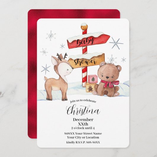 キュートノースポールウィンターテーマベビーシャワー 招待状 (正面/裏面)