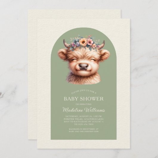 キュートハイランドカウアーチベビーシャワー招待状 (正面/裏面)