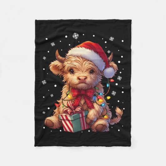 キュートハイランドカウクリスマスハイランドカウズクリスマスサン フリースブランケット (正面)