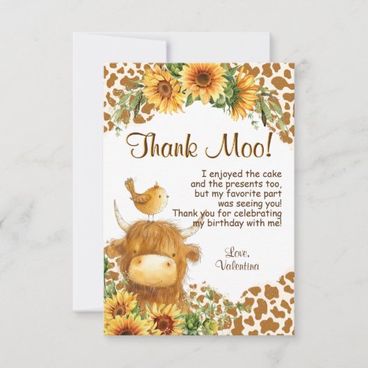 キュートハイランドカウズプリントひまわり鳥誕生日 サンキューカード (正面)