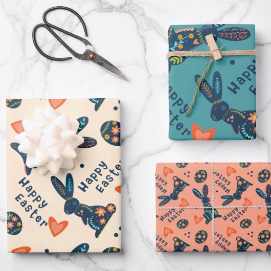キュートハッピーイースターバニーパターカスタムンフォーク ラッピングペーパーシート