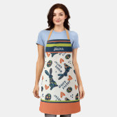 キュートハッピーイースターバニーパターンネイビーカスタムフォーク エプロン (着用した状態)