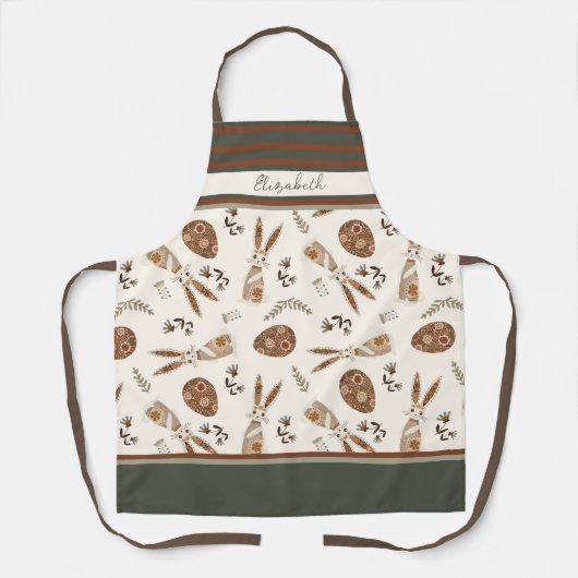 キュートハッピーイースターバニーパターン名前をカスタムするフォーク エプロン (正面)