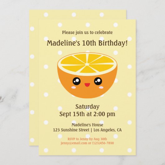 キュートハッピーオレンジ子供の誕生日パーティの招待状 招待状 (正面/裏面)