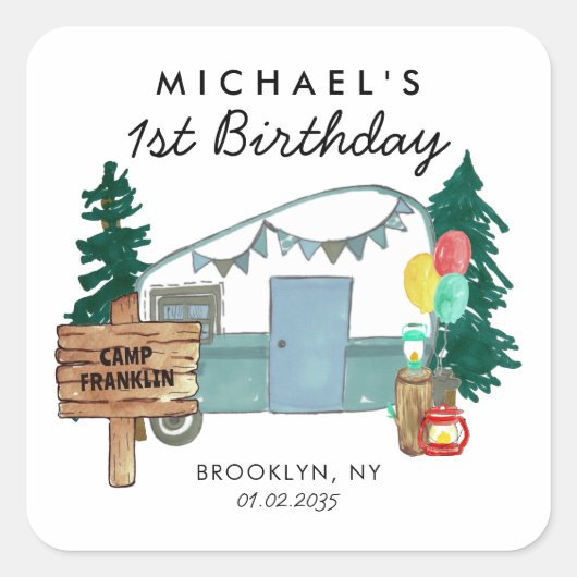 キュートハッピーキャンパーバンツリーズキャンプ子供の誕生日 スクエアシール (正面)