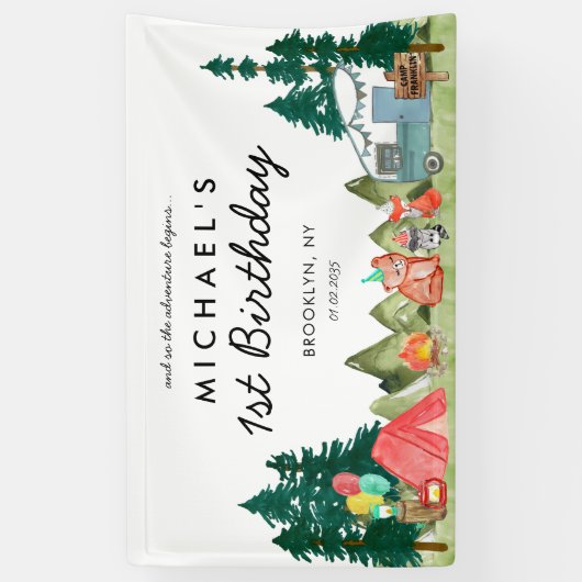 キュートハッピーキャンパーバンツリーズキャンプ子供の誕生日 横断幕 (縦)