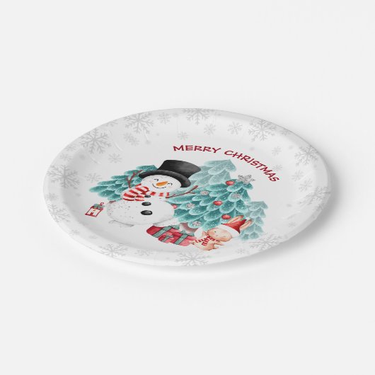 キュートハッピークリスマス雪だるまパーティー紙プレート ペーパープレート (アングル)
