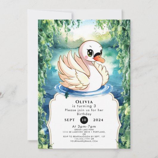 キュートハッピースワン誕生日 招待状 (正面)