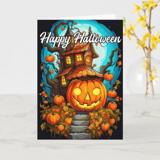 キュートハッピーハローウィンパンプキン&幽霊のよく出るハウス カード (黄色い花)