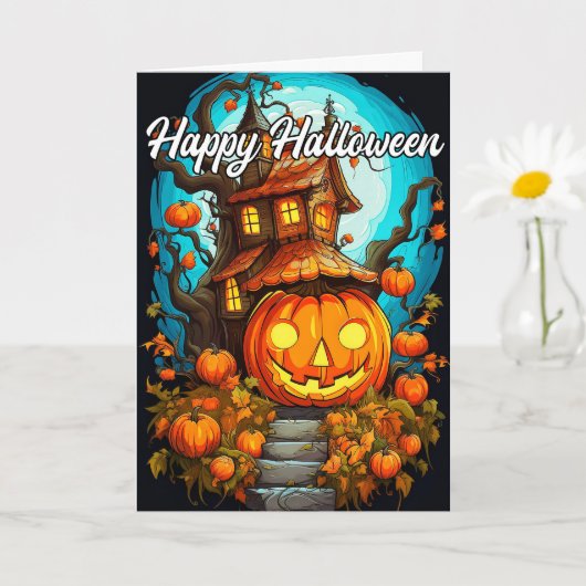 キュートハッピーハローウィンパンプキン&幽霊のよく出るハウス カード (小さな植物)