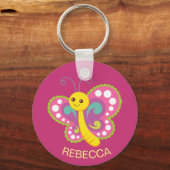 キュートハッピーバタフライカスタムピンクパーソナライズされたク キーホルダー (正面)