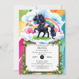 キュートハッピーブラックユニコーン誕生日 招待状