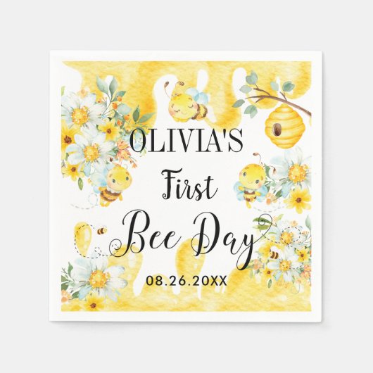 キュートハニービーズイエローフローラ誕生日 スタンダードカクテルナプキン (正面)