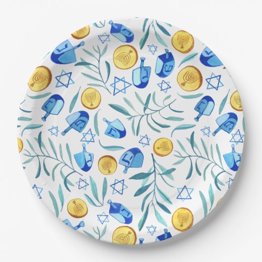 キュートハヌッカウォーター色バーバルミツワーユダヤ ペーパープレート (正面)