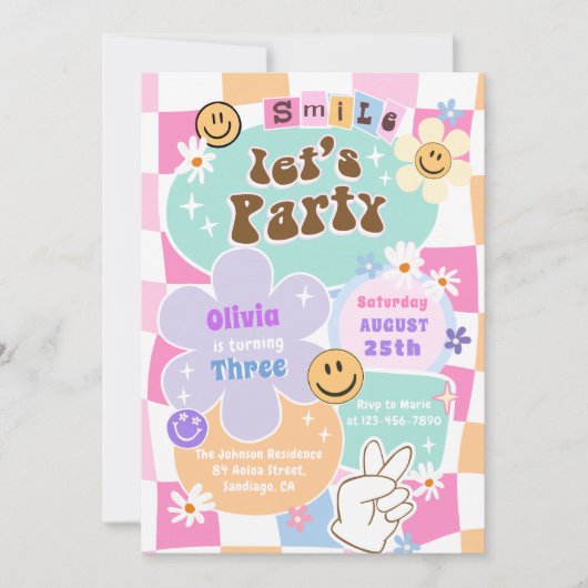 キュートハピー顔スマイルグルーヴィ市松模様に誕生日 招待状 (正面)