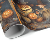 キュートハロウィーンウィッチ&カボチャ誕生日 ラッピングペーパー (ロールコーナー)