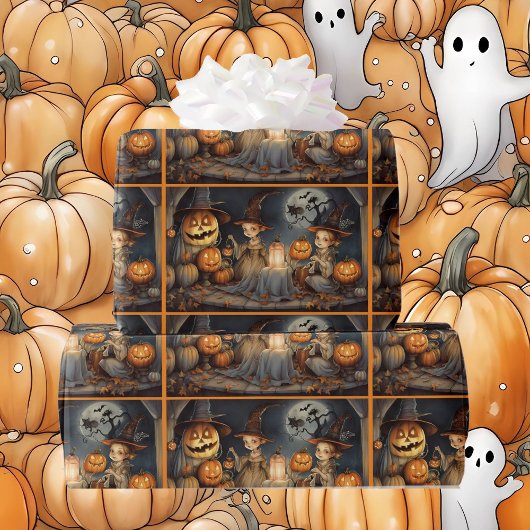 キュートハロウィーンウィッチ&カボチャ誕生日 ラッピングペーパー