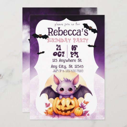 キュートハロウィーンガールハローウィンパーティパープルこうもり 招待状 (正面/裏面)