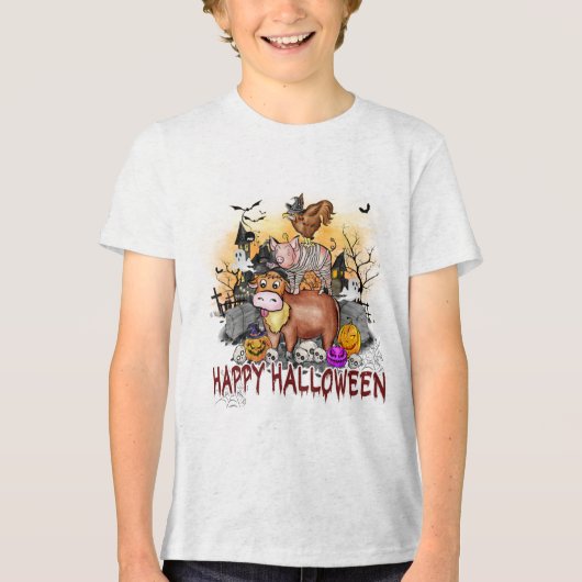 キュートハロウィーンファームアニマルズタイポグラフィ トライブレンドTシャツ (正面)