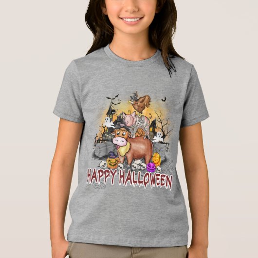 キュートハロウィーンファームアニマルズタイポグラフィ トライブレンドTシャツ (正面)