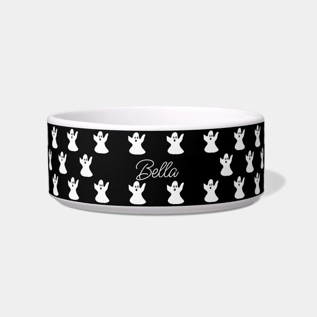 キュートハロウィーン白黒幽霊パーソナライズされた犬 ボウル (正面)