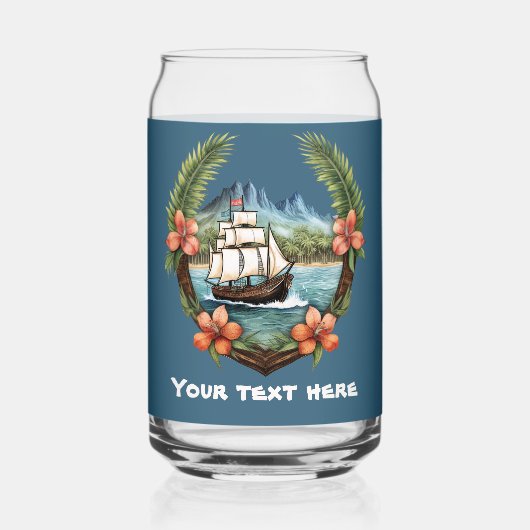 キュートハワイアンセーリングボート追加文字ビーチ ガラス缶 (正面)