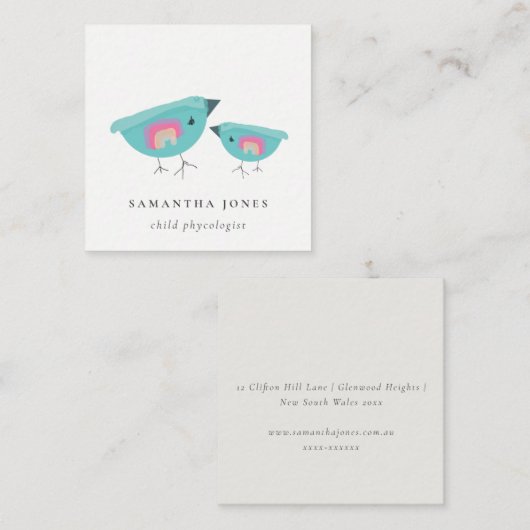 キュートハンドドロインボーレインボーブルーバーディマザーベビー スクエア名刺 (正面/裏面)