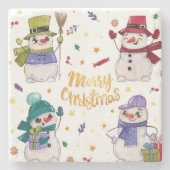 キュートハンドドローホリデー雪だるま ストーンコースター (正面)