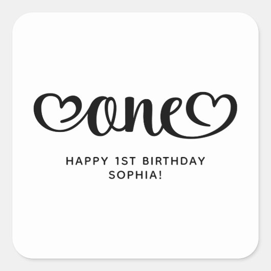 キュートハートスクリプト 1歳の誕生日 スクエアシール (正面)