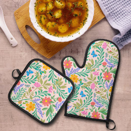 キュートバグズパステル赤面ピンクフローラルパターガーリーン 鍋つかみ&鍋敷きセット