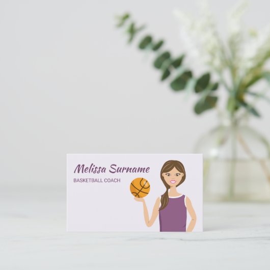 キュートバスケットボールコーチガールイラストレーションパープル 名刺 (スタンド正面)