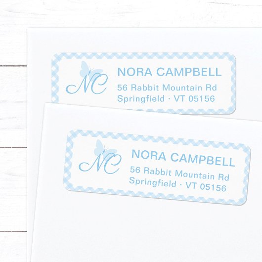キュートバタフライイニシャルベビーブルー差出人住所 ラベル
