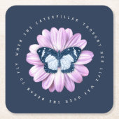 キュートバタフライオンピンクデイジー感動的引用文 スクエアペーパーコースター (正面)