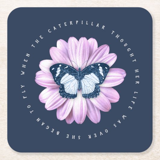キュートバタフライオンピンクデイジー感動的引用文 スクエアペーパーコースター (正面)